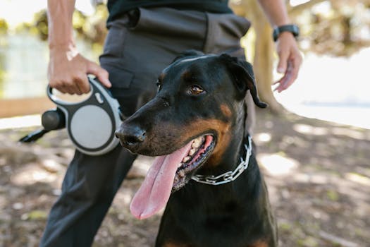 A doberman on a leash outdoors with owner's hand visible, showcasing pet companionship.